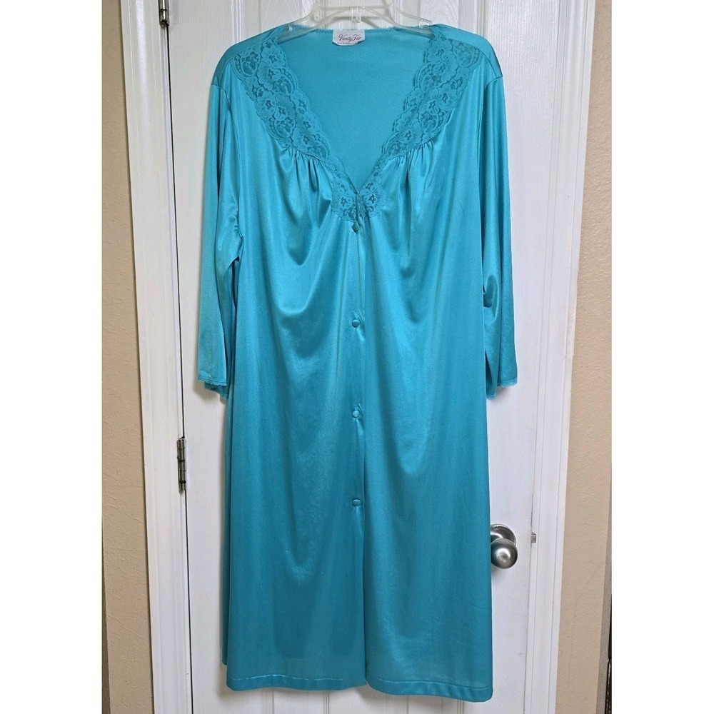 Vintage Vanity Fair Satin Lace Robe Nightgown Women XL Teal Button Up USA